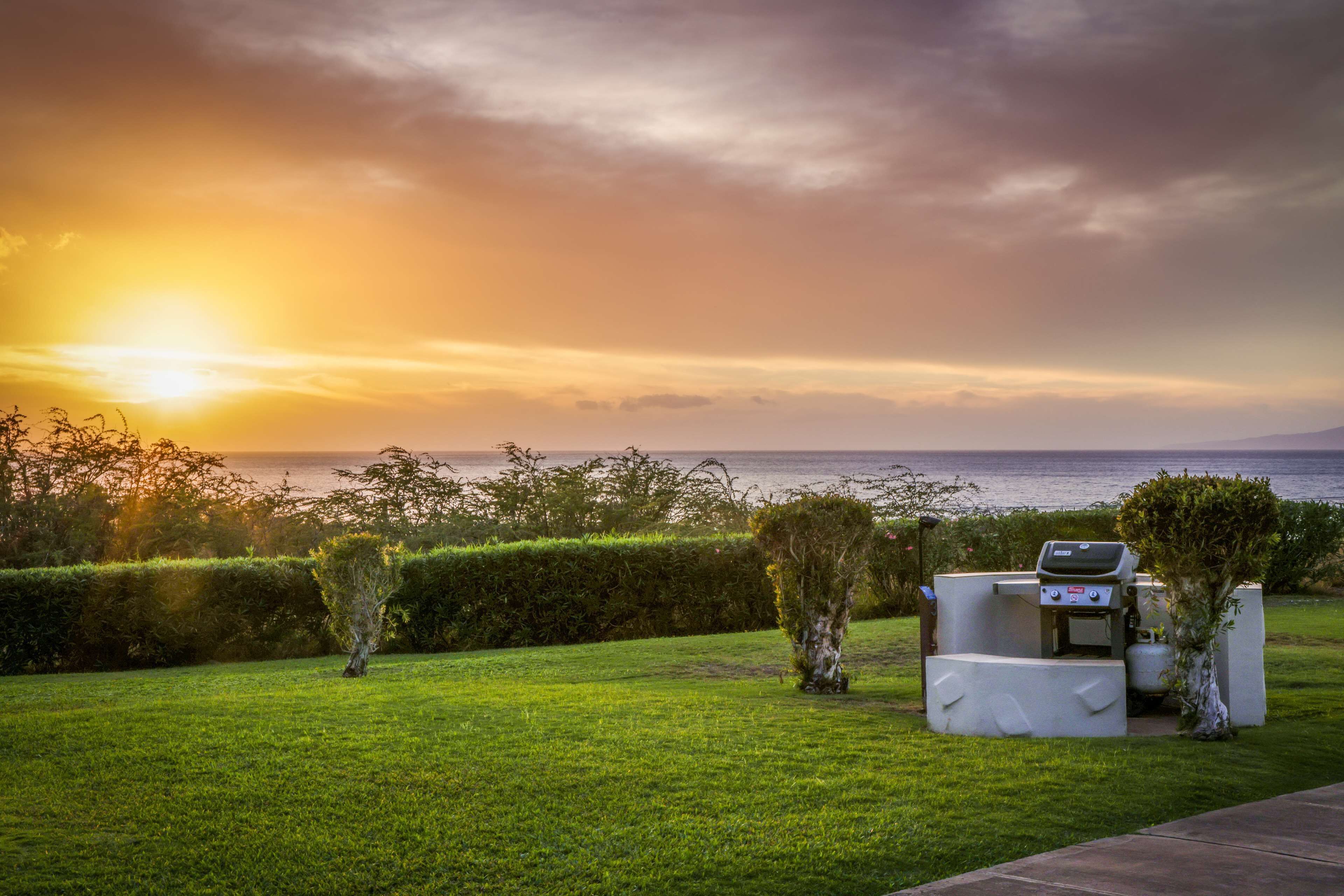 A grassy outdoor area with a barbecue grill and a view of the ocean at sunset.