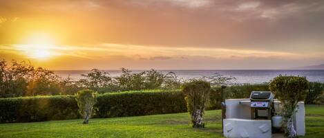 A grassy outdoor area with a barbecue grill and a view of the ocean at sunset.