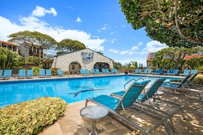 Outdoor pool, open 8:00 AM to 9:30 PM, sun loungers