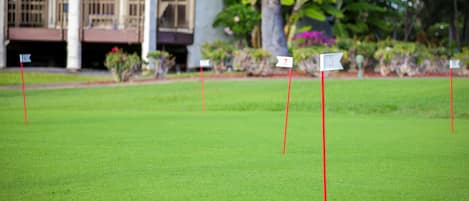 A golf course with numbered flags and a building with columns in the background.