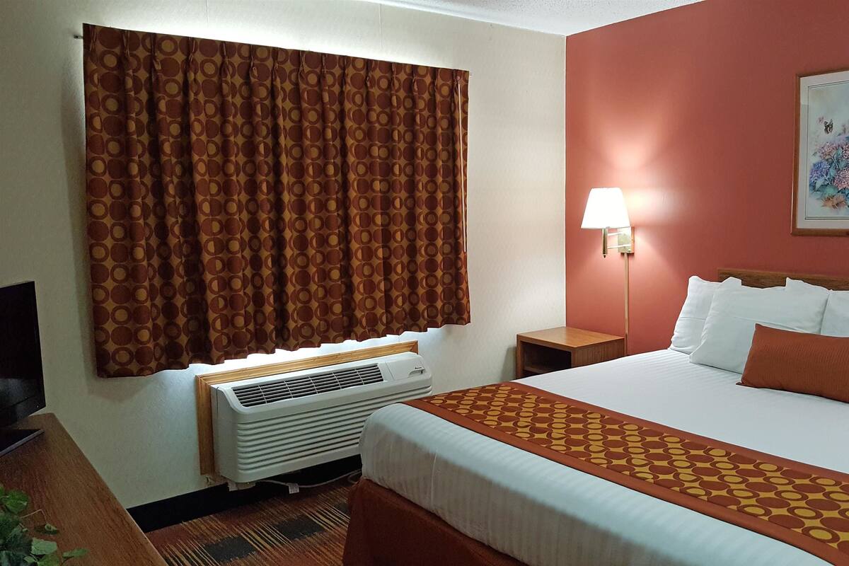 A hotel room with a bed, a nightstand, a lamp, a window with curtains, and a painting on the wall.