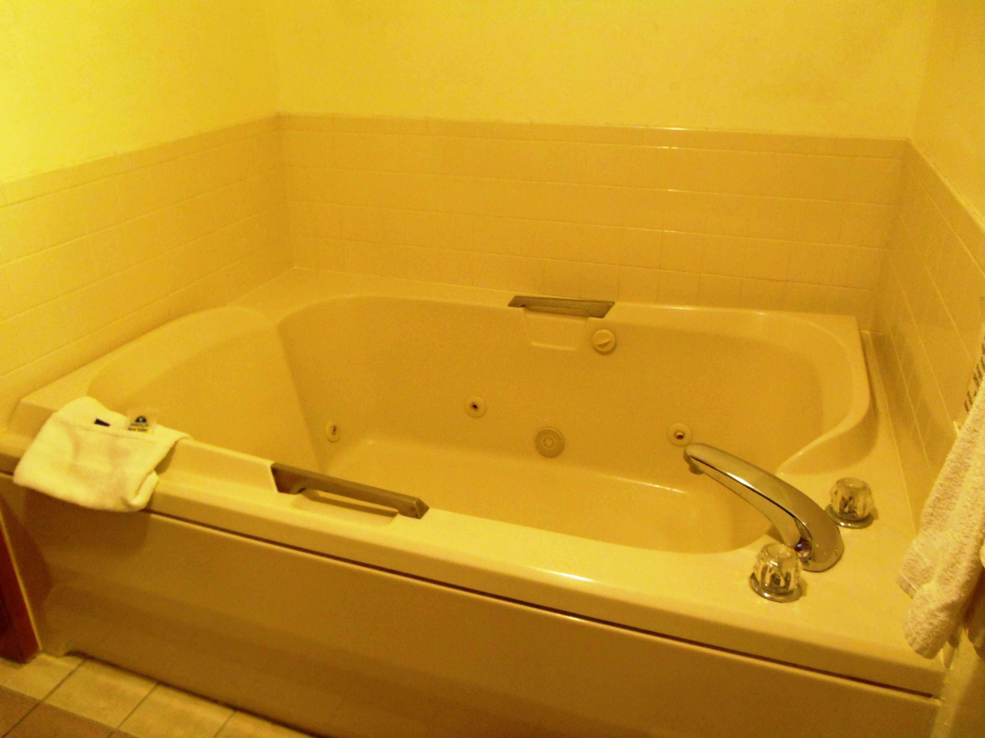 Une salle de bain d’hôtel standard, équipée d’une baignoire, d’une douche et de toilettes.
