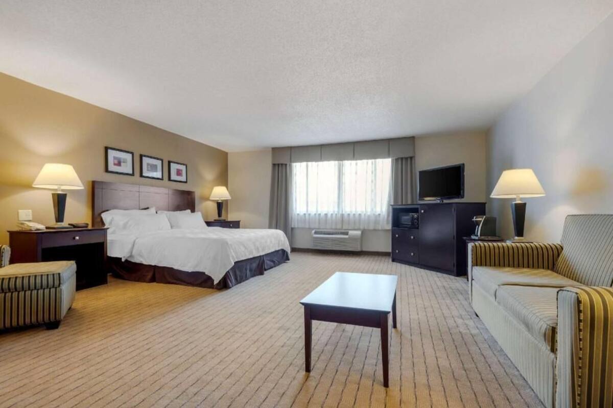 Une chambre d’hôtel comprenant un lit, deux tables de chevet, une télévision, un canapé, une table basse et une fenêtre avec des rideaux.