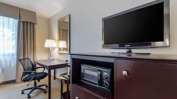 Desk, laptop workspace, blackout curtains, iron/ironing board