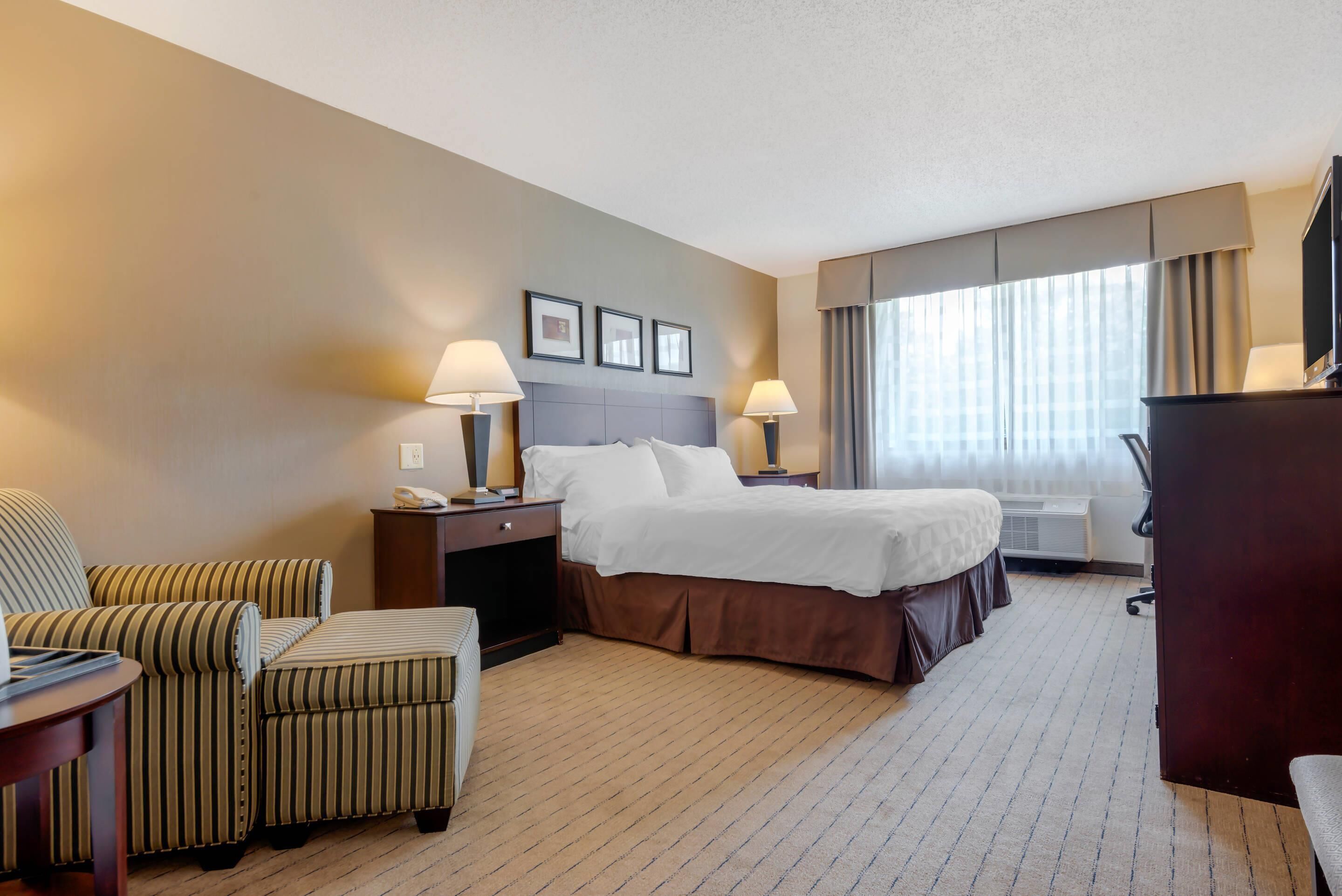 desk, laptop workspace, blackout curtains, iron/ironing board