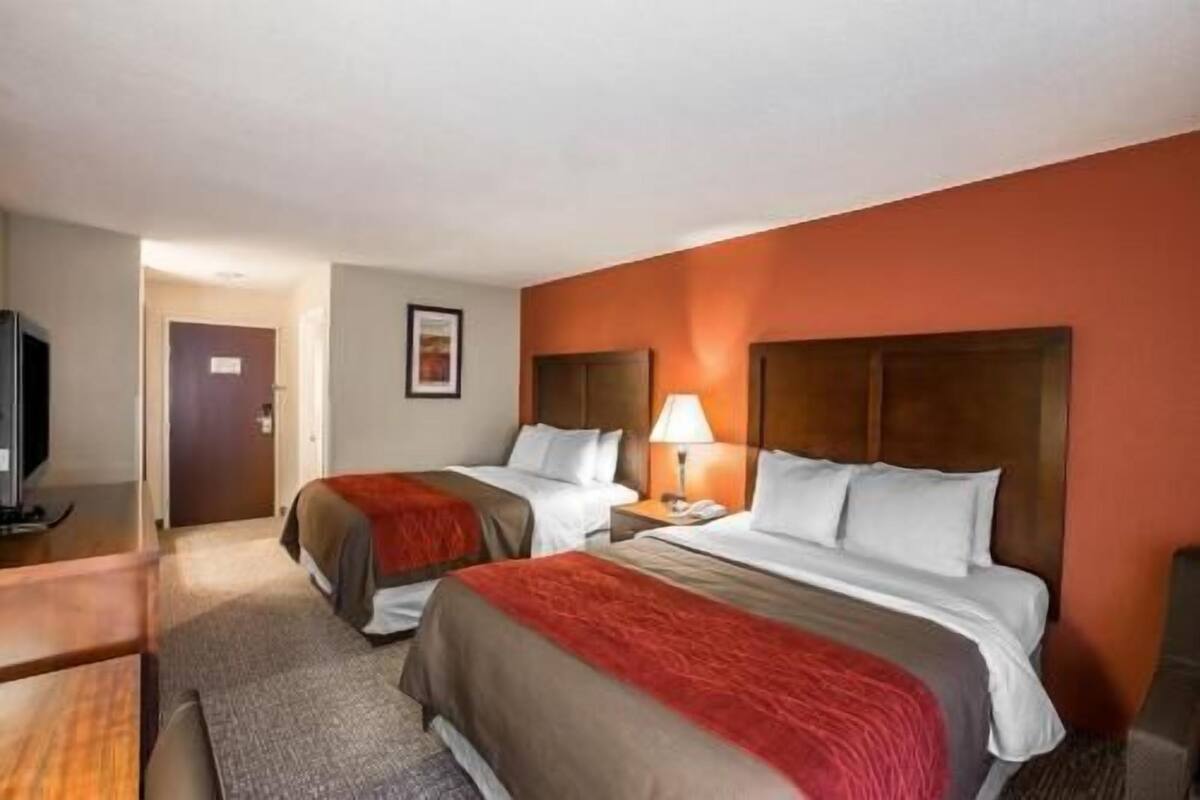 A hotel room with two beds, a television, a lamp, and a framed picture on the wall.