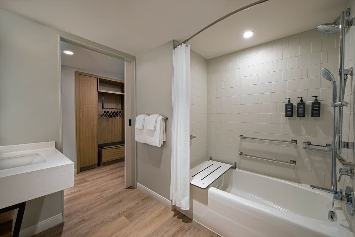 combined shower/bathtub, free toiletries, hair dryer, bathrobes
