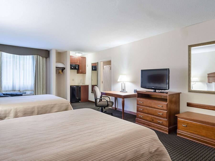 A hotel room with two beds, a desk with a television, a dresser, a chair, a desk lamp, and a mirror.