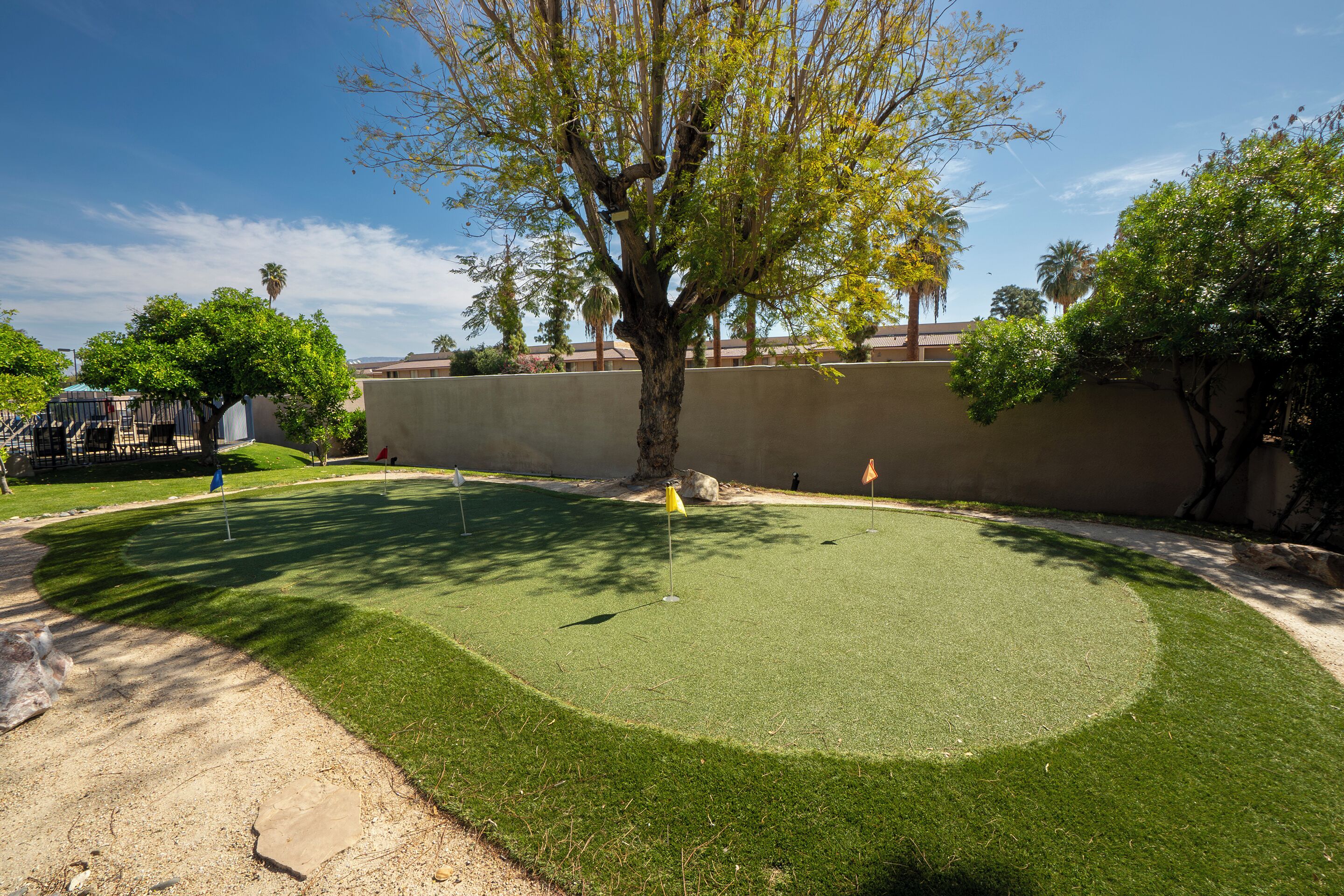 Ein gepflegter Golfplatz mit freier Bahn, einer Fahne und einem Baum in der Mitte.