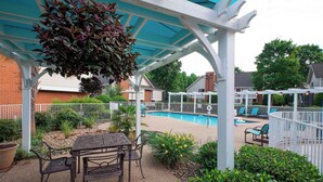A covered patio area with a pool, outdoor seating, and greenery.