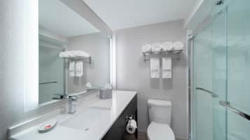 Eco-friendly toiletries, hair dryer, towels