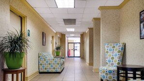A hotel corridor with patterned sofas, a potted plant, and a framed picture on the wall.