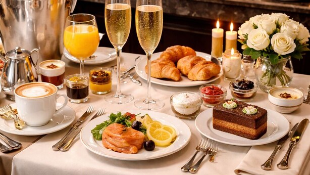 Un bufé de desayuno con diversos platos, bebidas y un pastel sobre una mesa.