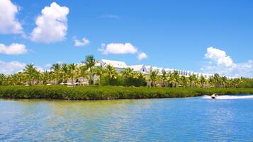 A resort with a water body, palm trees, and a person jet-skiing.