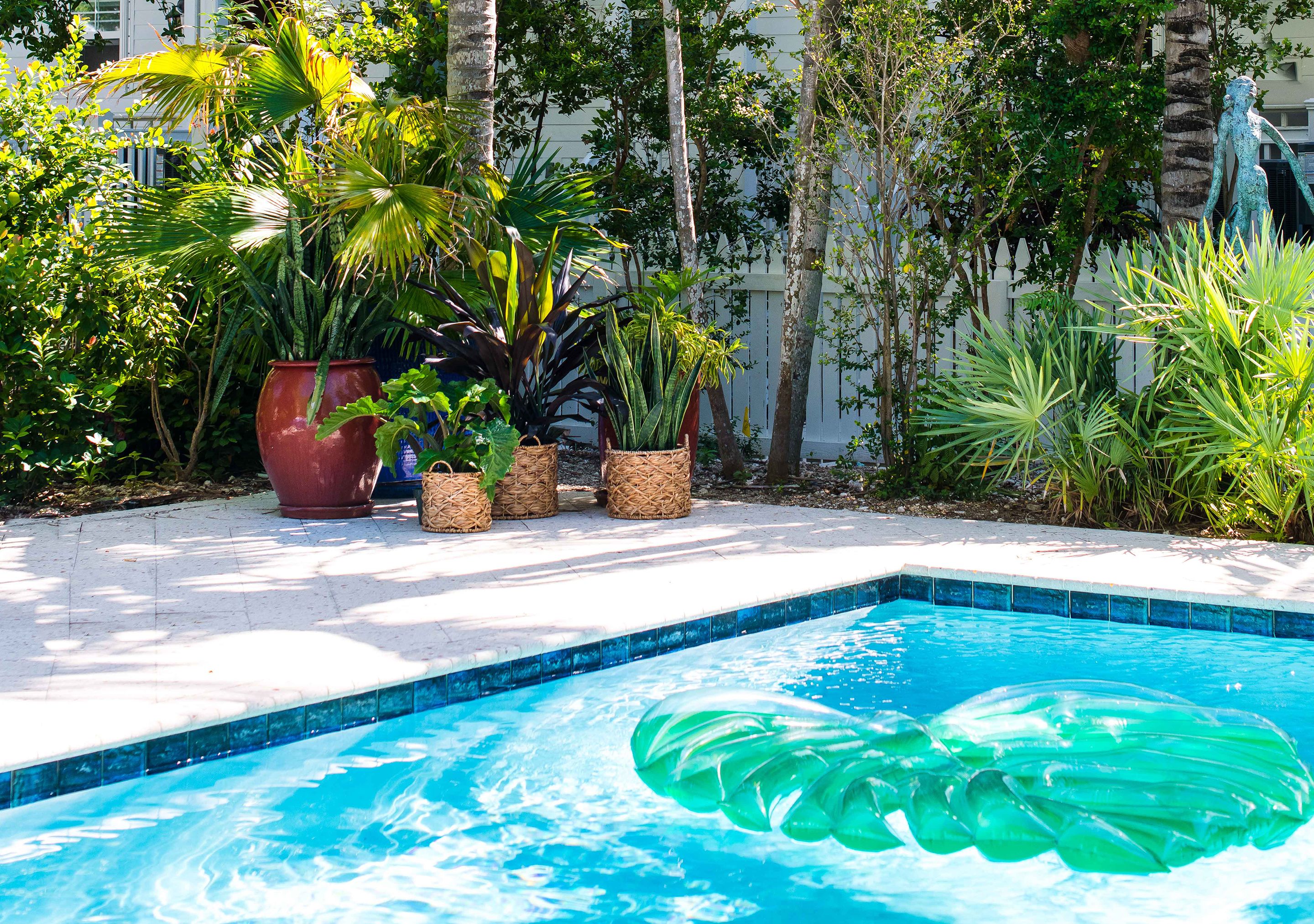 A swimming pool with a clear blue water feature, surrounded by various potted plants and a white fence.