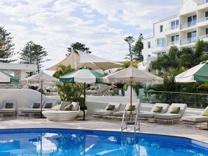 Indoor pool, outdoor pool, open 8:00 AM to 8:00 PM, pool loungers