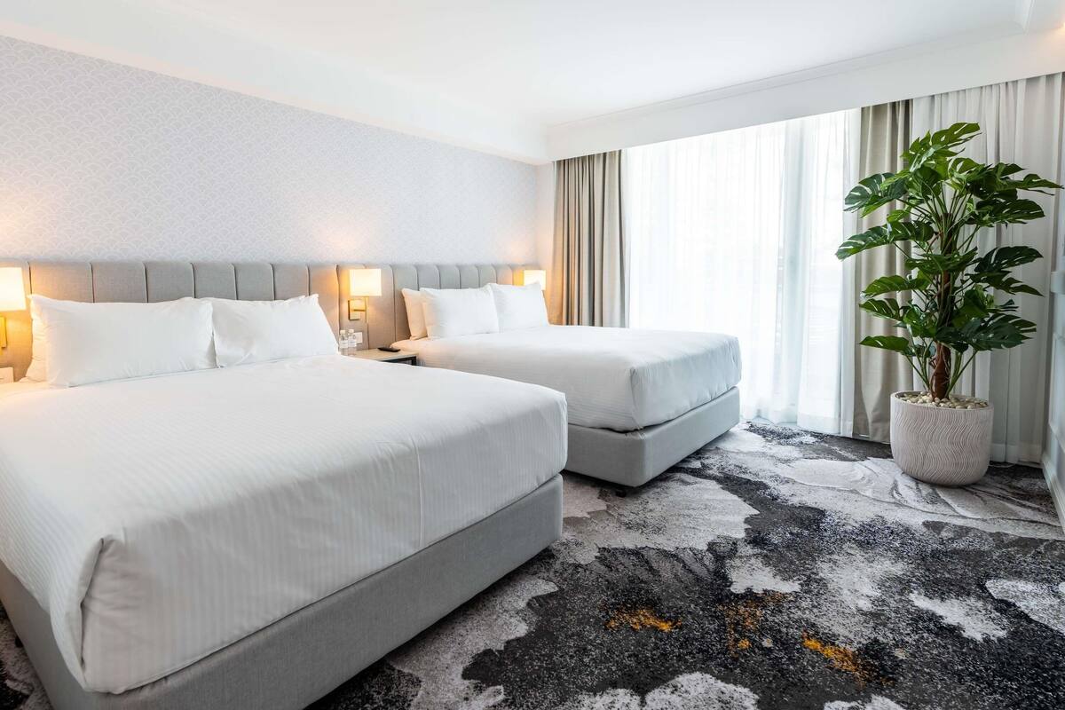 A hotel room with two beds, a large potted plant, and a patterned carpet.