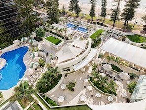 Indoor pool, outdoor pool, open 8:00 AM to 8:00 PM, pool loungers