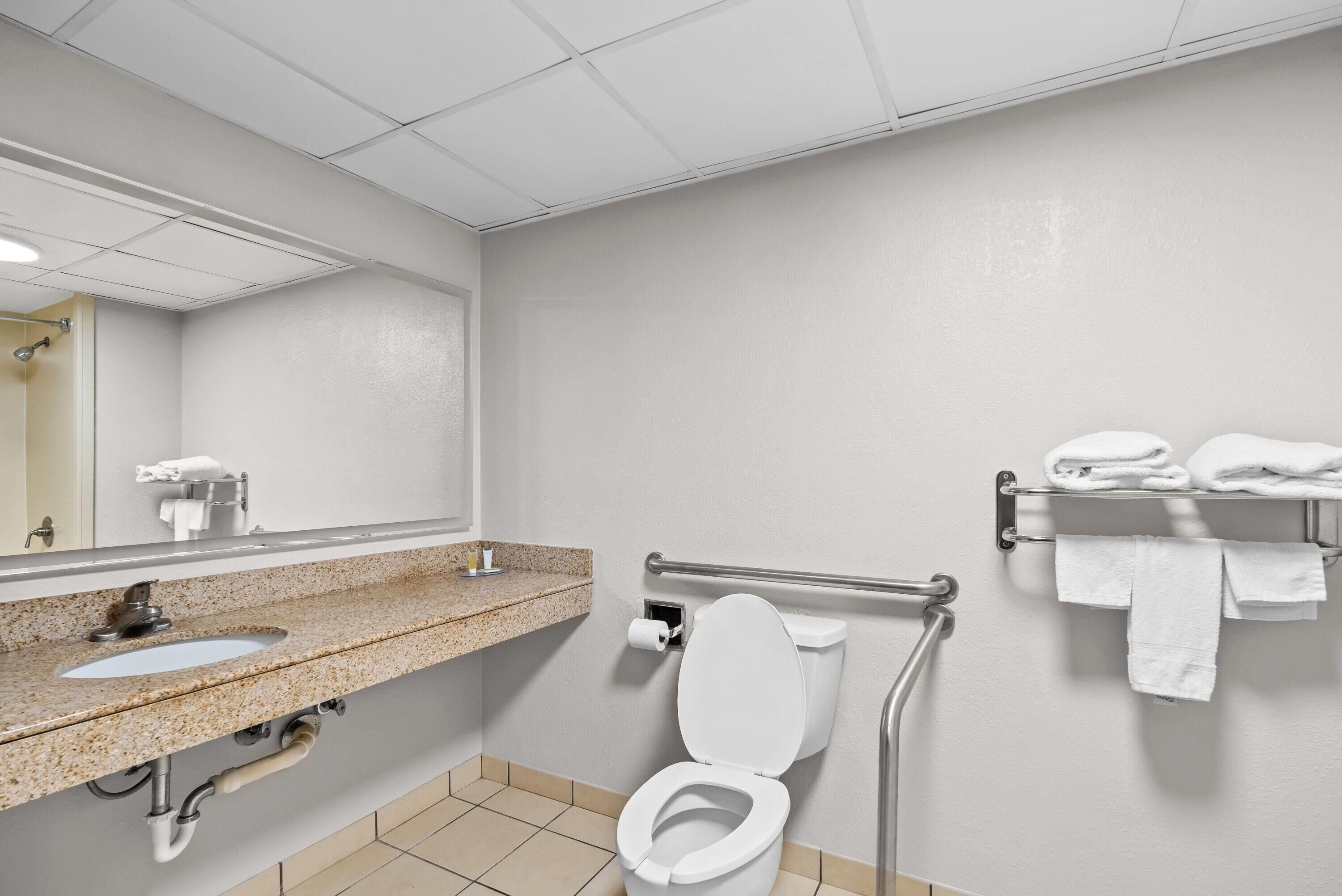 A bathroom with a sink, toilet, and handrails.