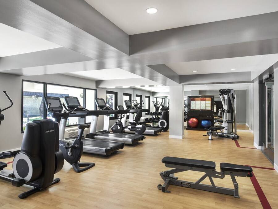 A modern gym with treadmills, elliptical machines, and a bench press area.