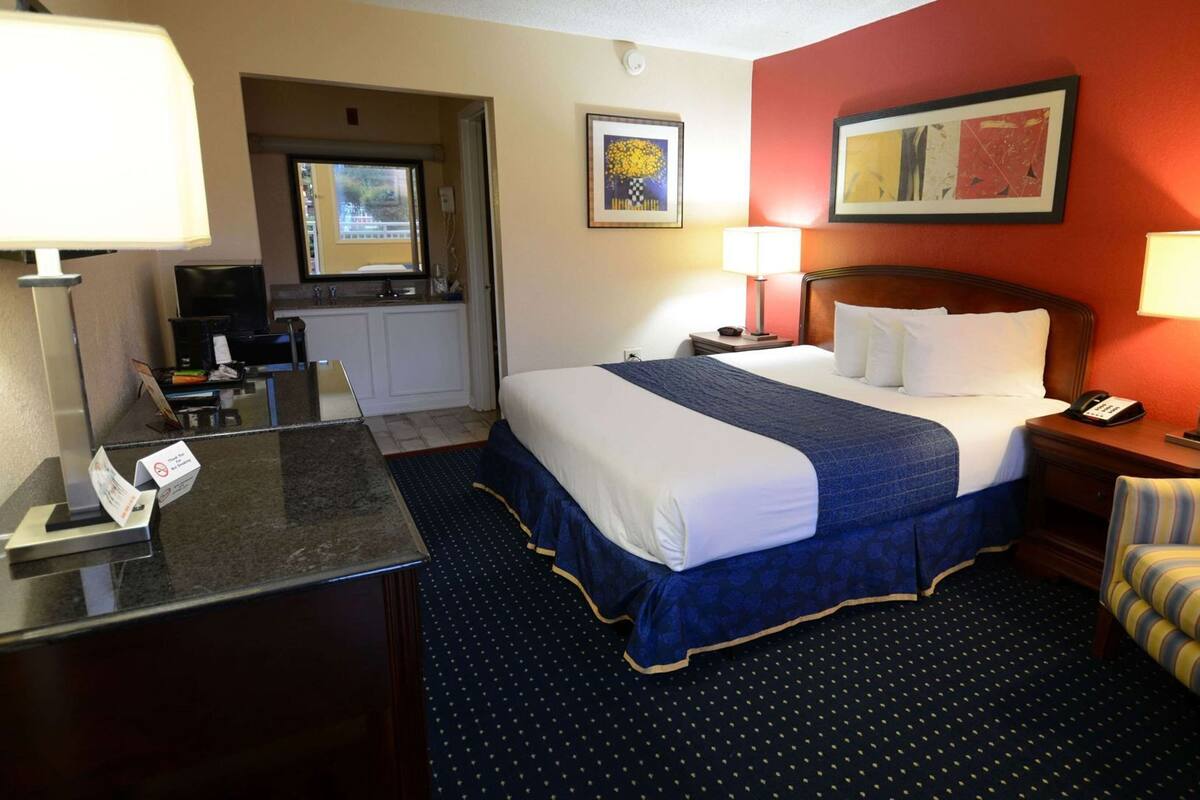 A hotel room with a bed, a desk, a chair, a television, and artwork on the walls.