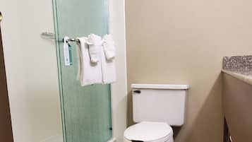 A bathroom with a glass shower door, a toilet, and two framed pictures on the wall.
