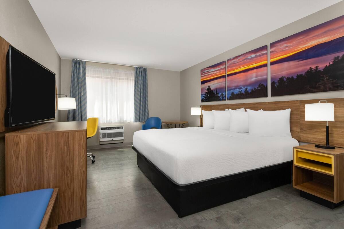 A hotel room with a large bed, a desk, a TV, and two paintings on the wall.