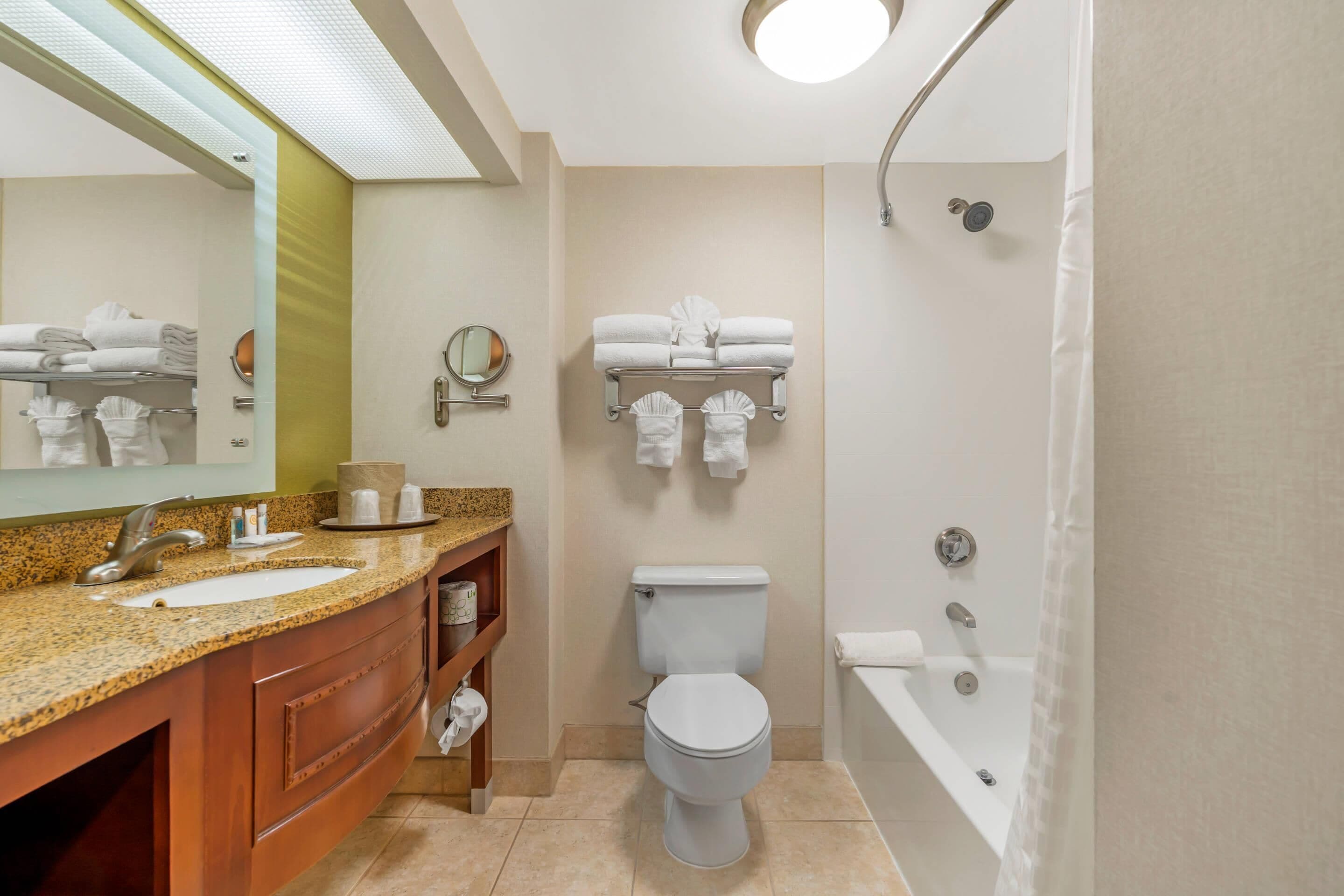 A hotel bathroom with a sink, toilet, and shower area.