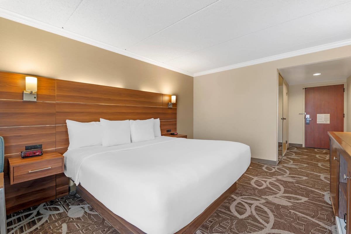 A hotel room with a large bed, wooden headboard, bedside tables, and a patterned carpet.