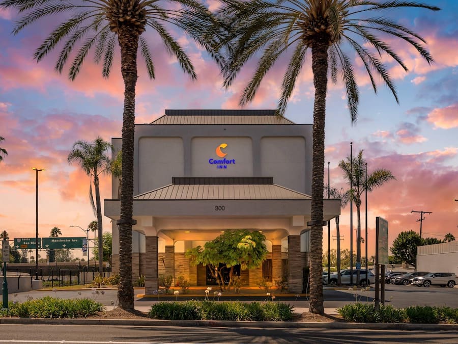 A Comfort Inn hotel with a modern facade, palm trees, and a sunset sky.