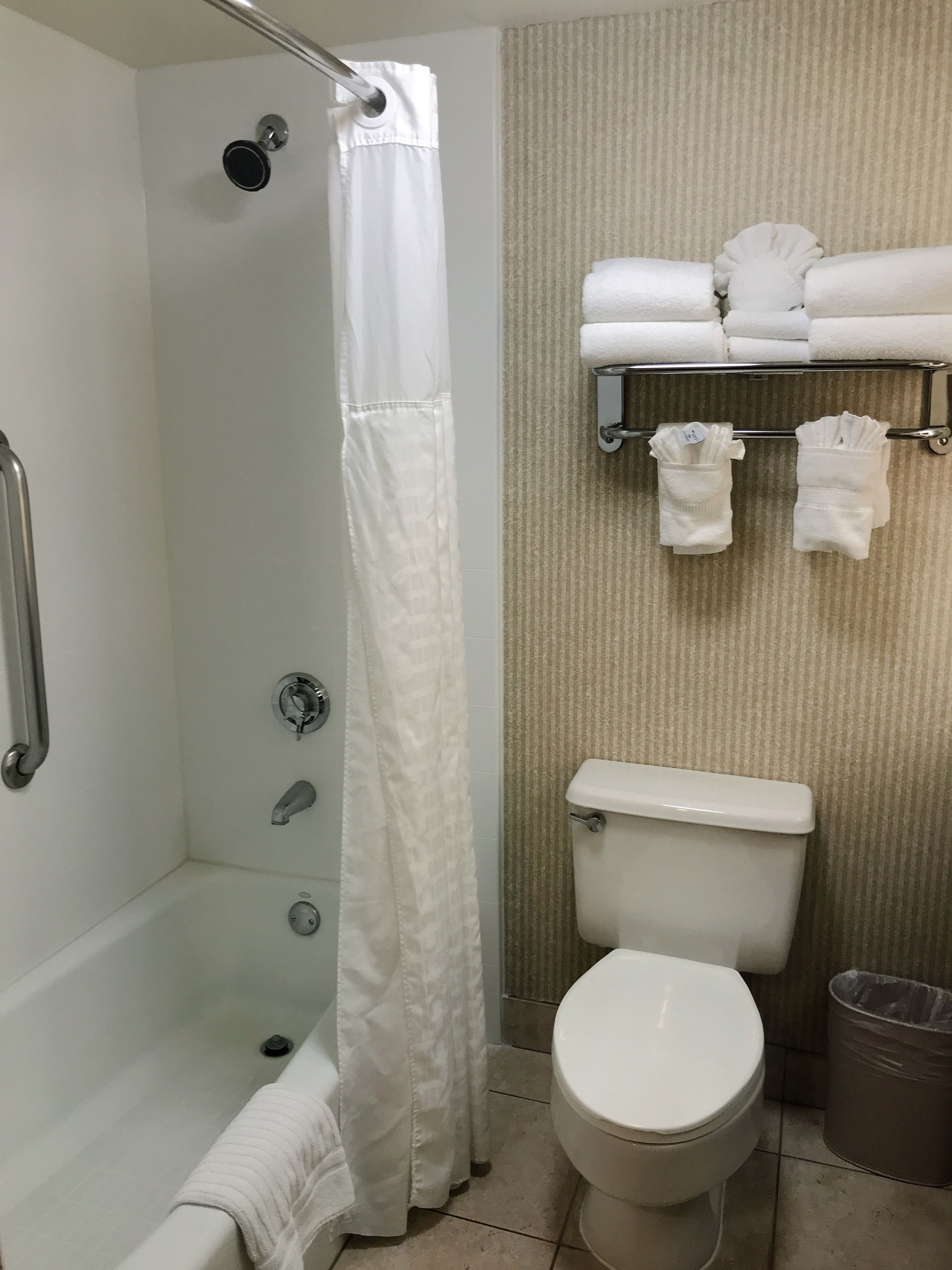 Un baño con ducha, inodoro y toallero.