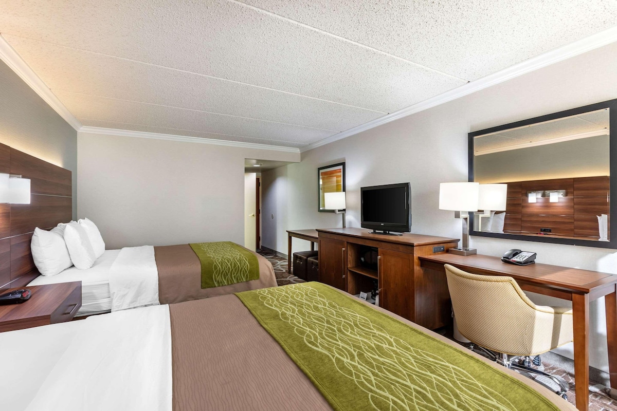A hotel room with two beds, a desk, a chair, a television, and a mirror.