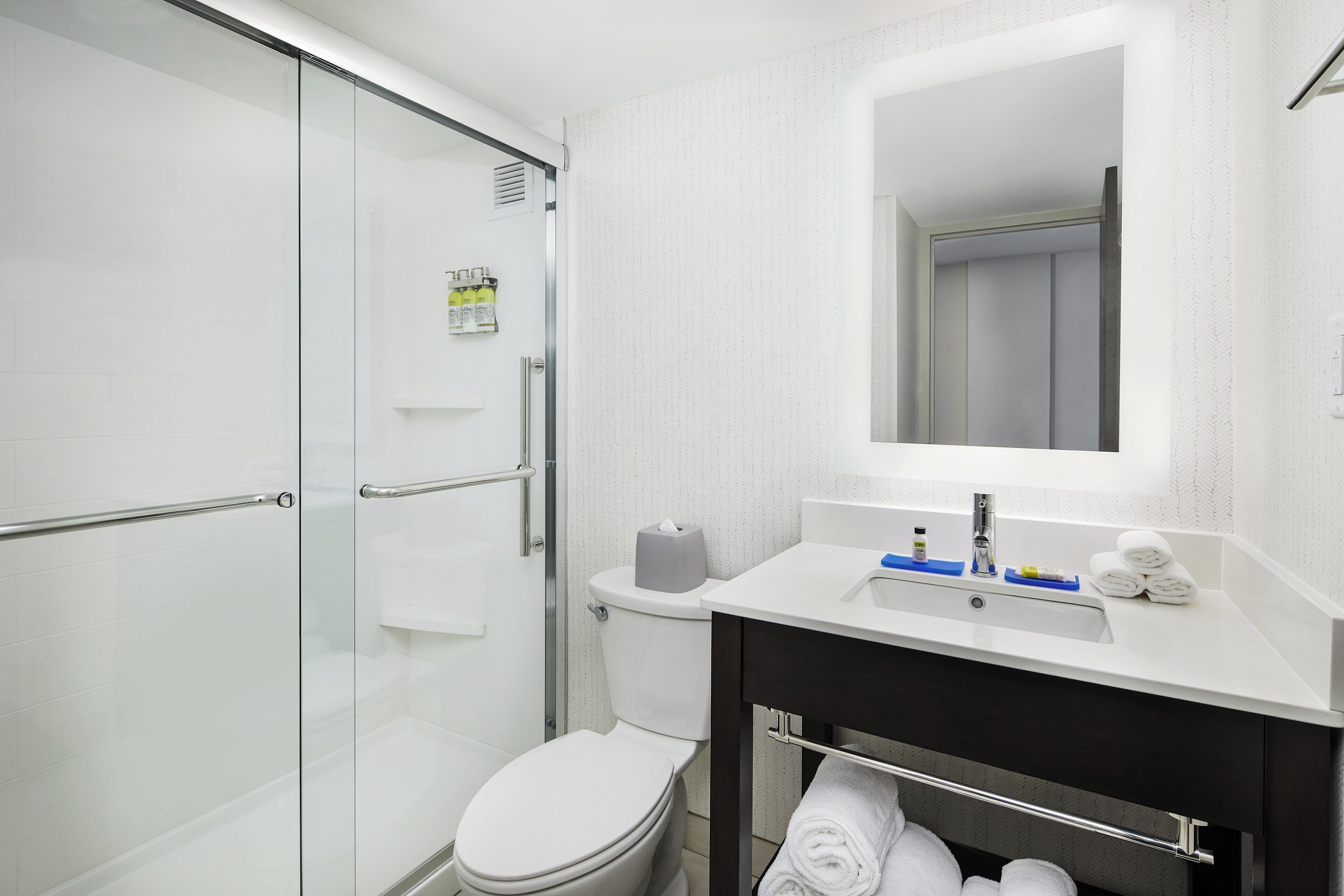 Un baño moderno con cabina de ducha de vidrio, inodoro blanco y tocador con espejo.