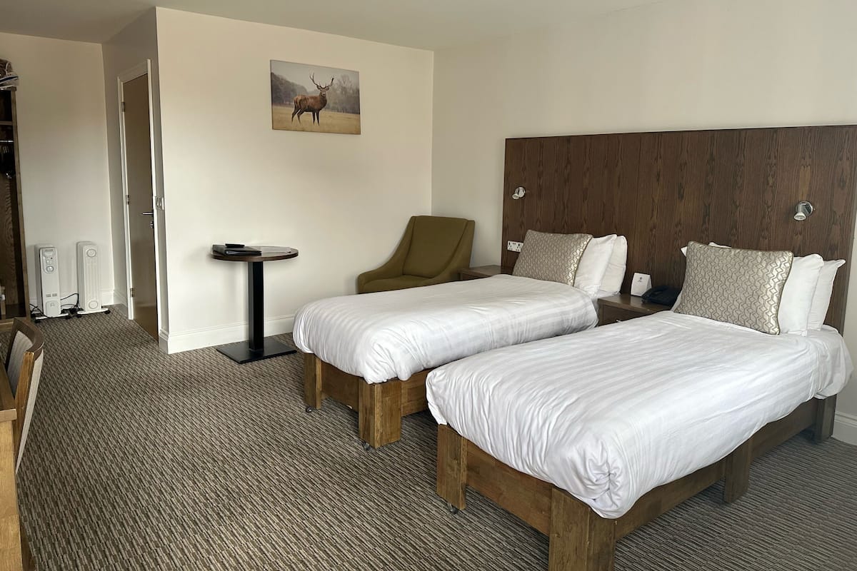 A hotel room with two single beds, a wooden headboard, a small table, a chair, and a painting of a deer on the wall.