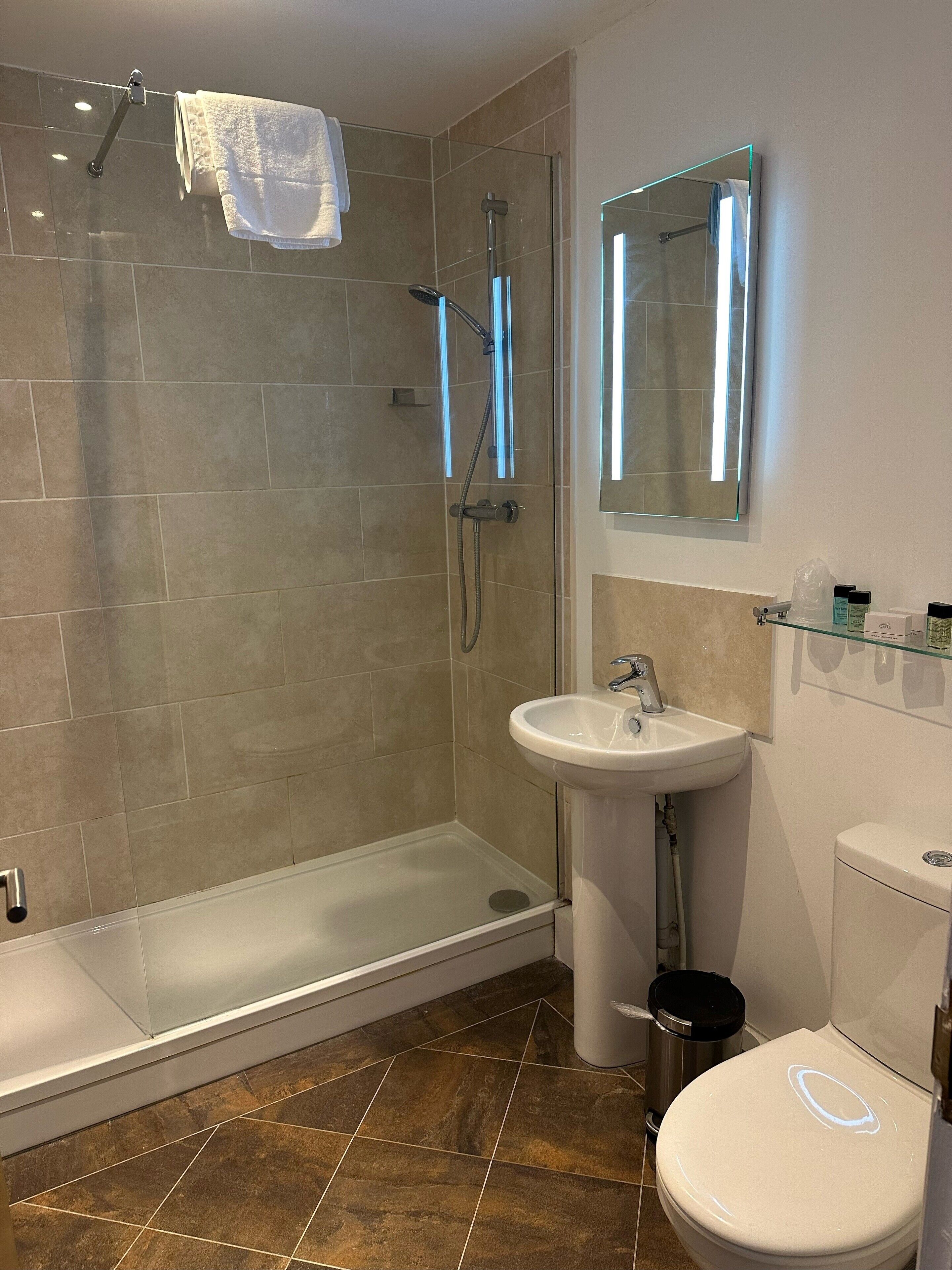 A modern bathroom with a glass shower enclosure, a white sink, and a toilet.