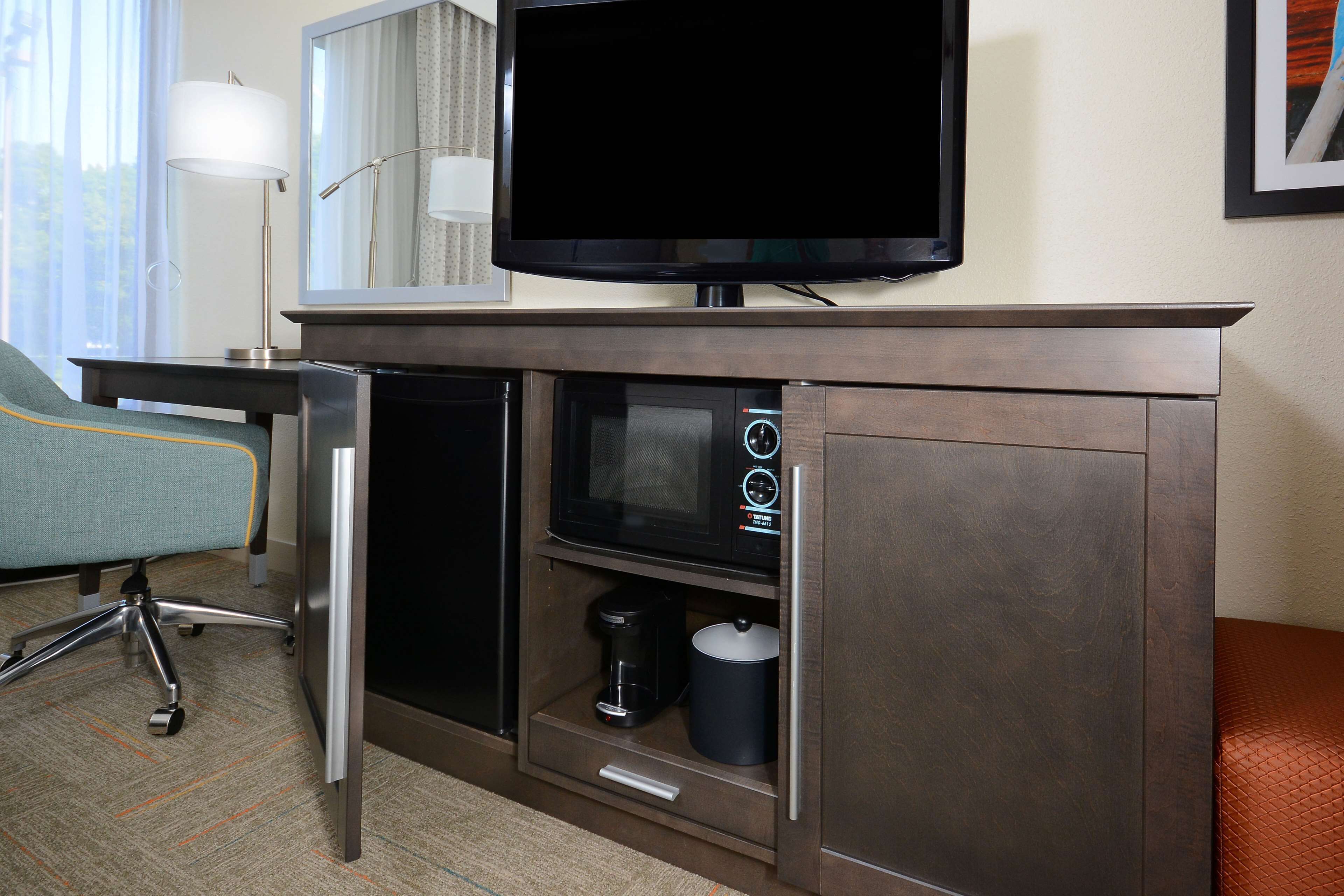 premium bedding, desk, laptop workspace, blackout curtains