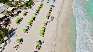 An aerial view of a beach with rows of sun loungers and umbrellas, a sandy shoreline, and palm trees.