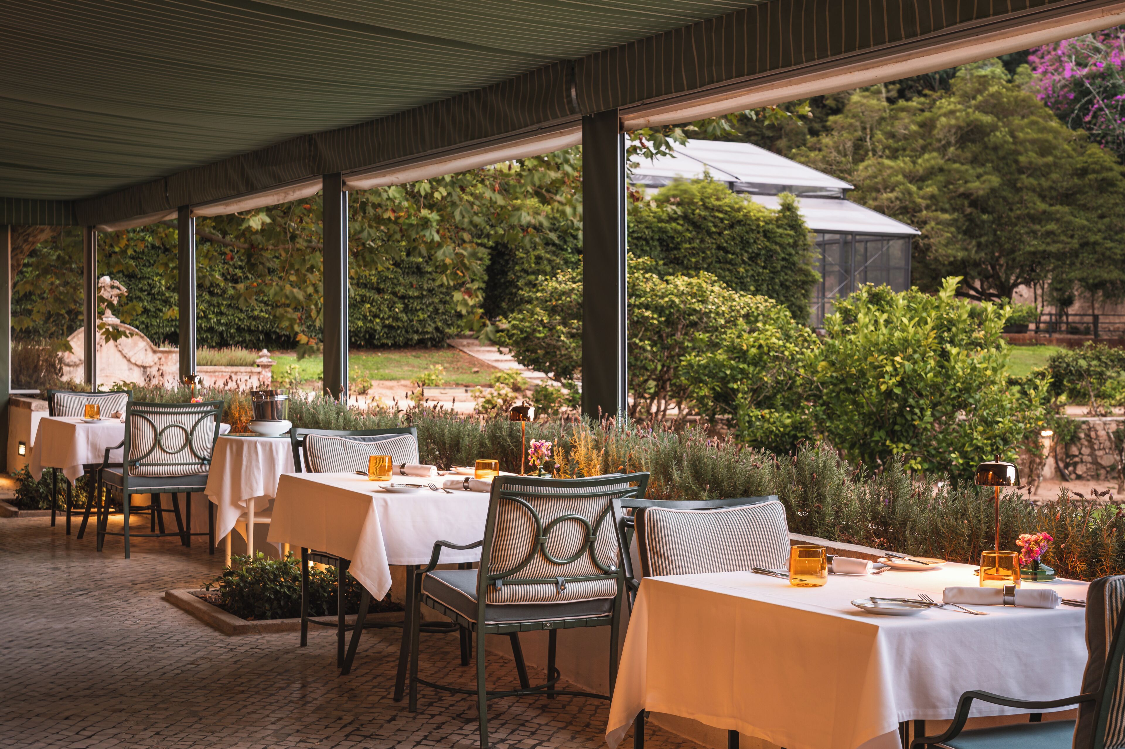 Un área de comedor al aire libre con mesas y sillas, techo cubierto y vistas a un jardín y árboles.