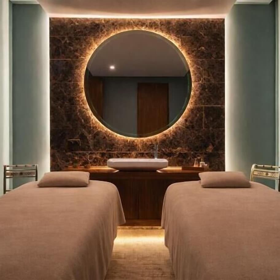 A room with two beds, a round mirror, a sink, and a stone wall.