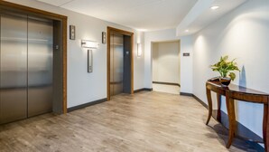 Un pasillo moderno con suelo de madera, dos ascensores y una recepción con una planta en maceta.