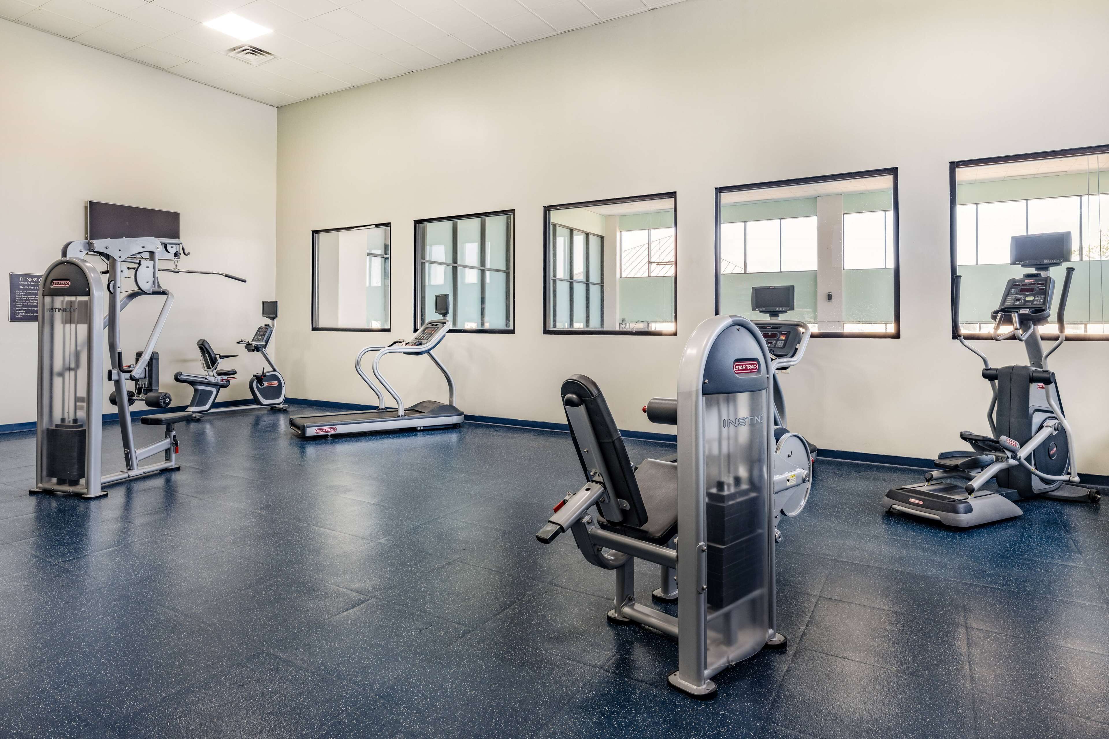 Un gimnasio con diversas máquinas de ejercicio, amplias ventanas y suelo azul.