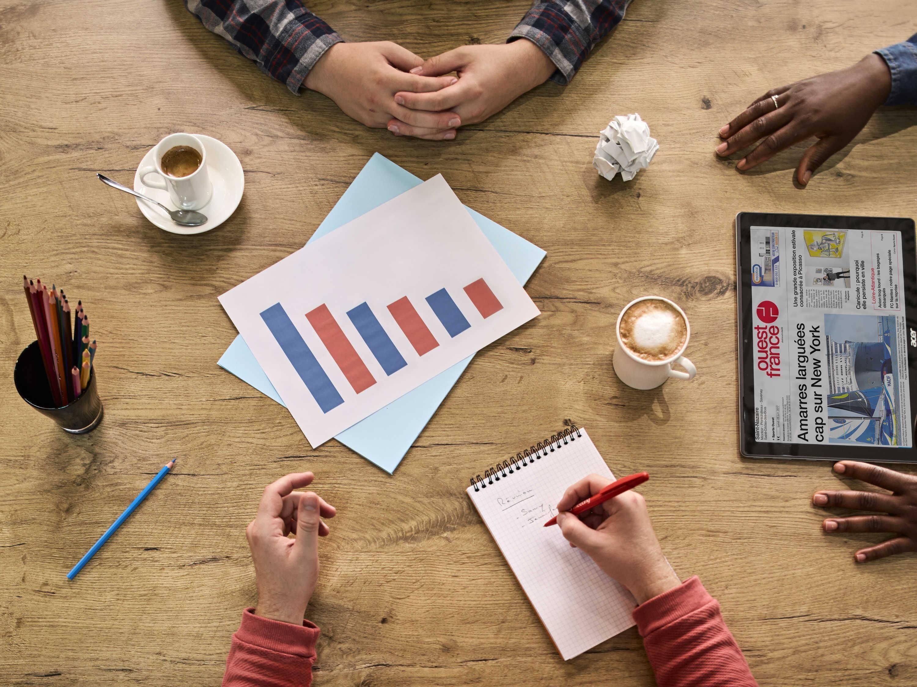 A wooden table with a bar chart, a tablet, a coffee cup, a crumpled paper ball, a notebook, and a pen.