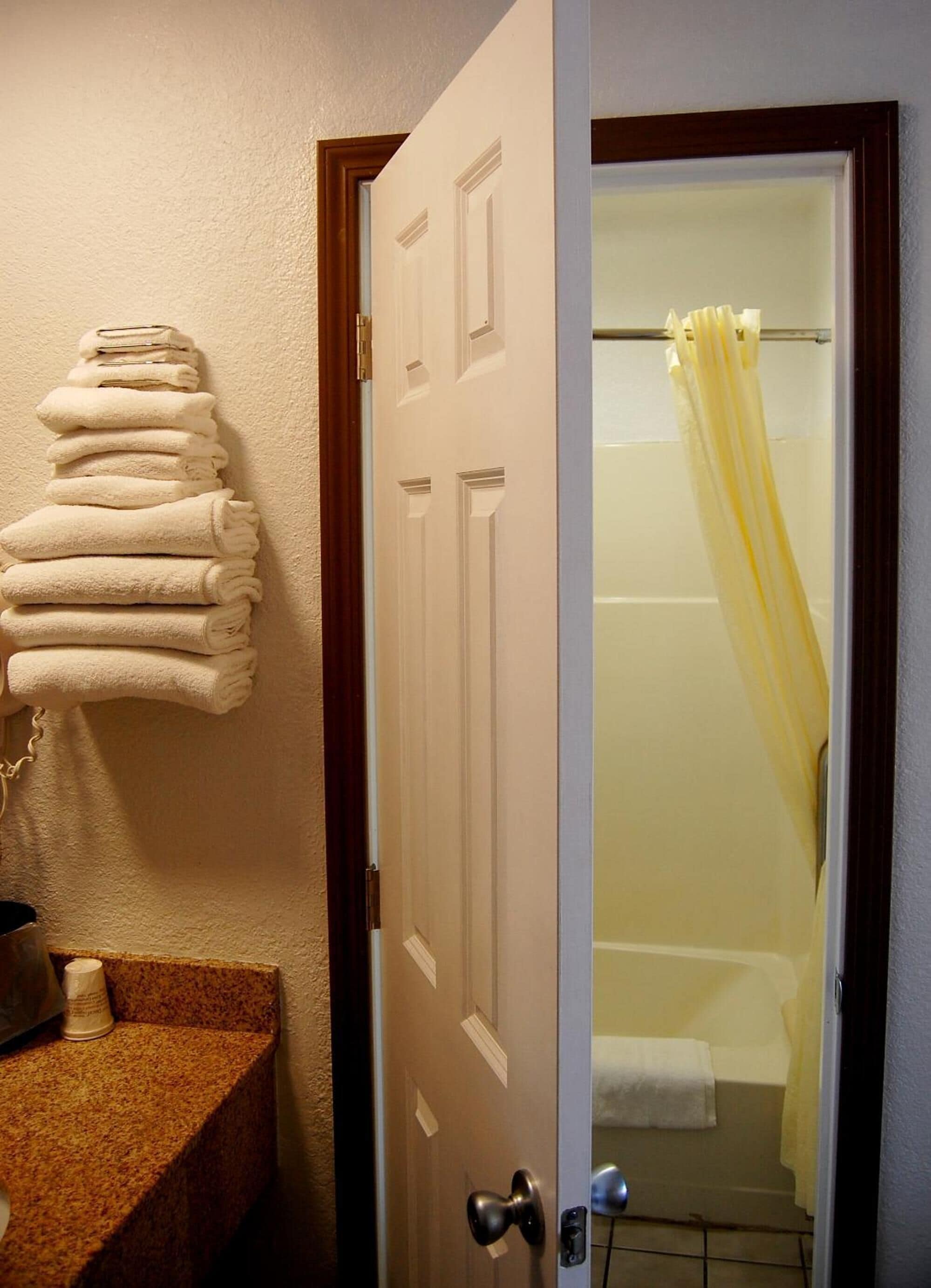combined shower/bathtub, hair dryer, towels