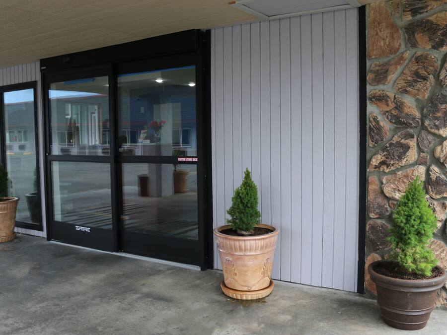A building entrance with a glass door, potted plants, and a stone wall.