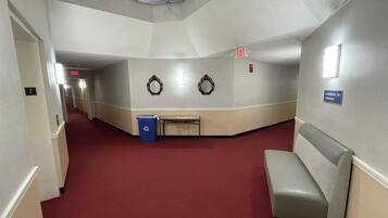 A hotel corridor with a red carpet, two wall-mounted mirrors, a blue trash bin, and a bench.