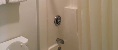 Une salle de bain équipée d’une baignoire, d’une douche, de toilettes et de deux serviettes accrochées au mur.
