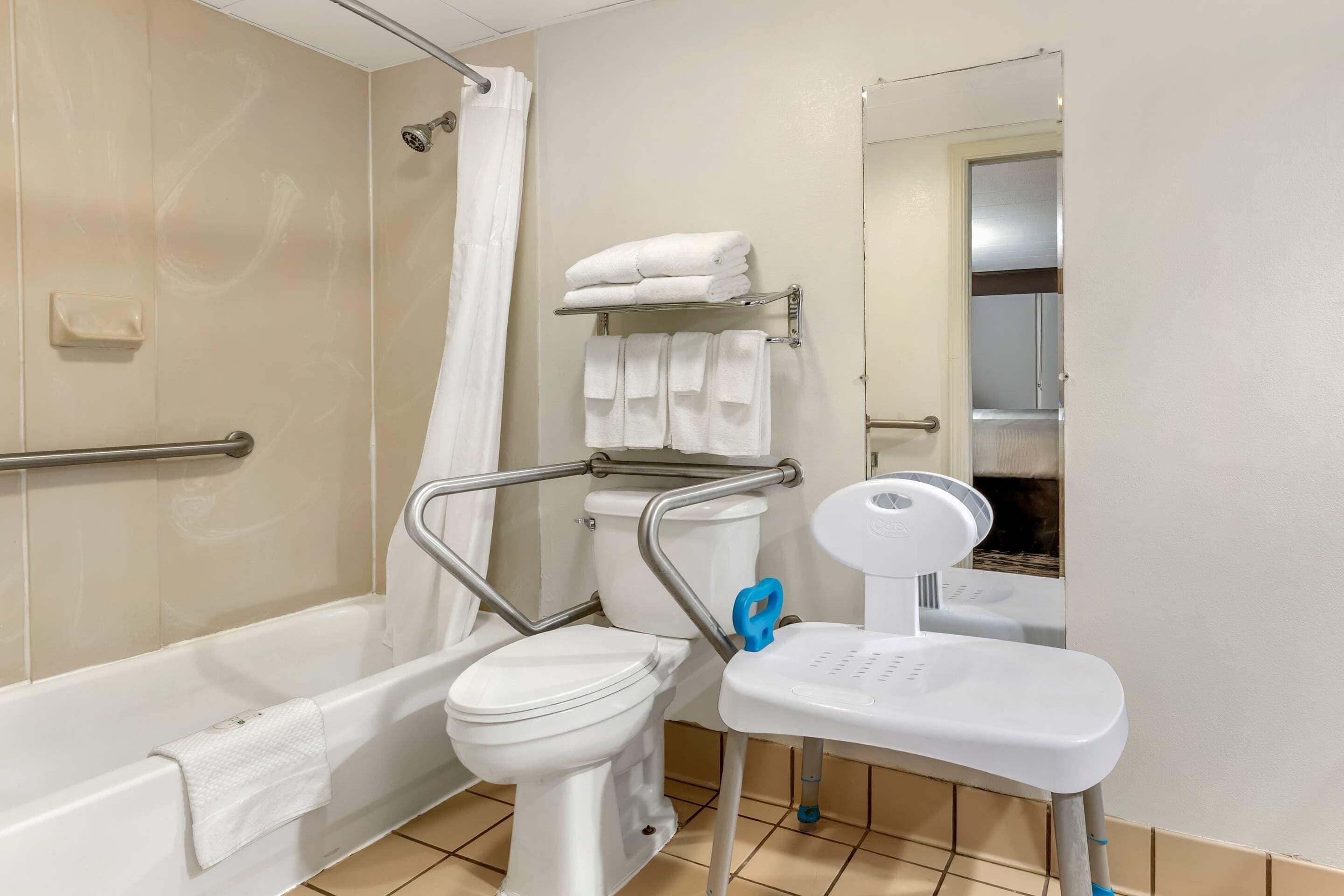 Een badkamer met een bad, toilet en een douche. Handdoeken en een zeepdispenser zijn zichtbaar.