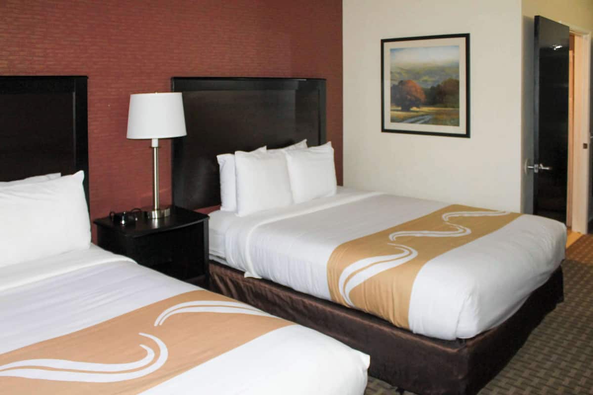 A hotel room with two beds, a nightstand, a lamp, and a painting on the wall.