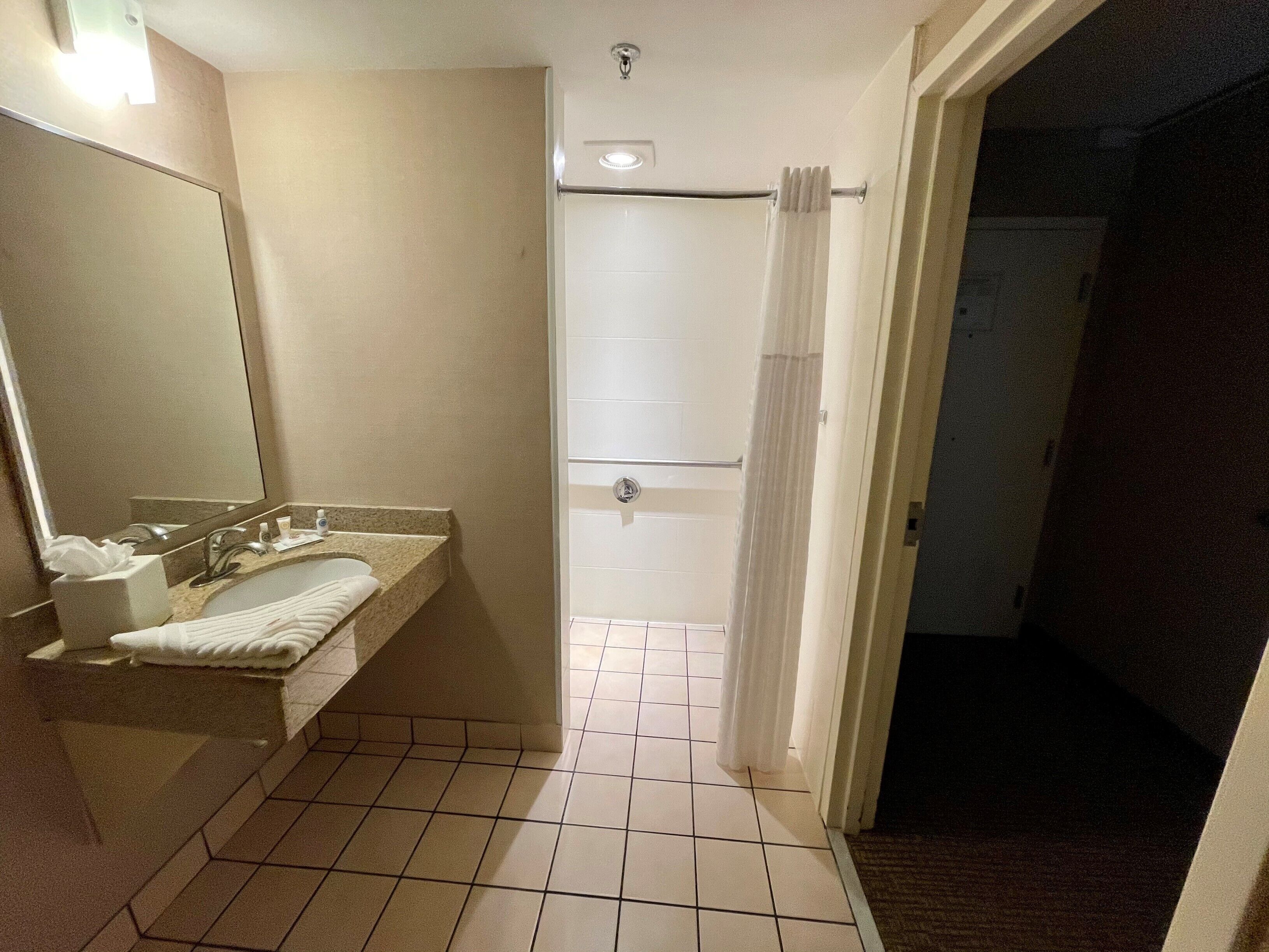 Baño con lavabo, espejo y zona de ducha.