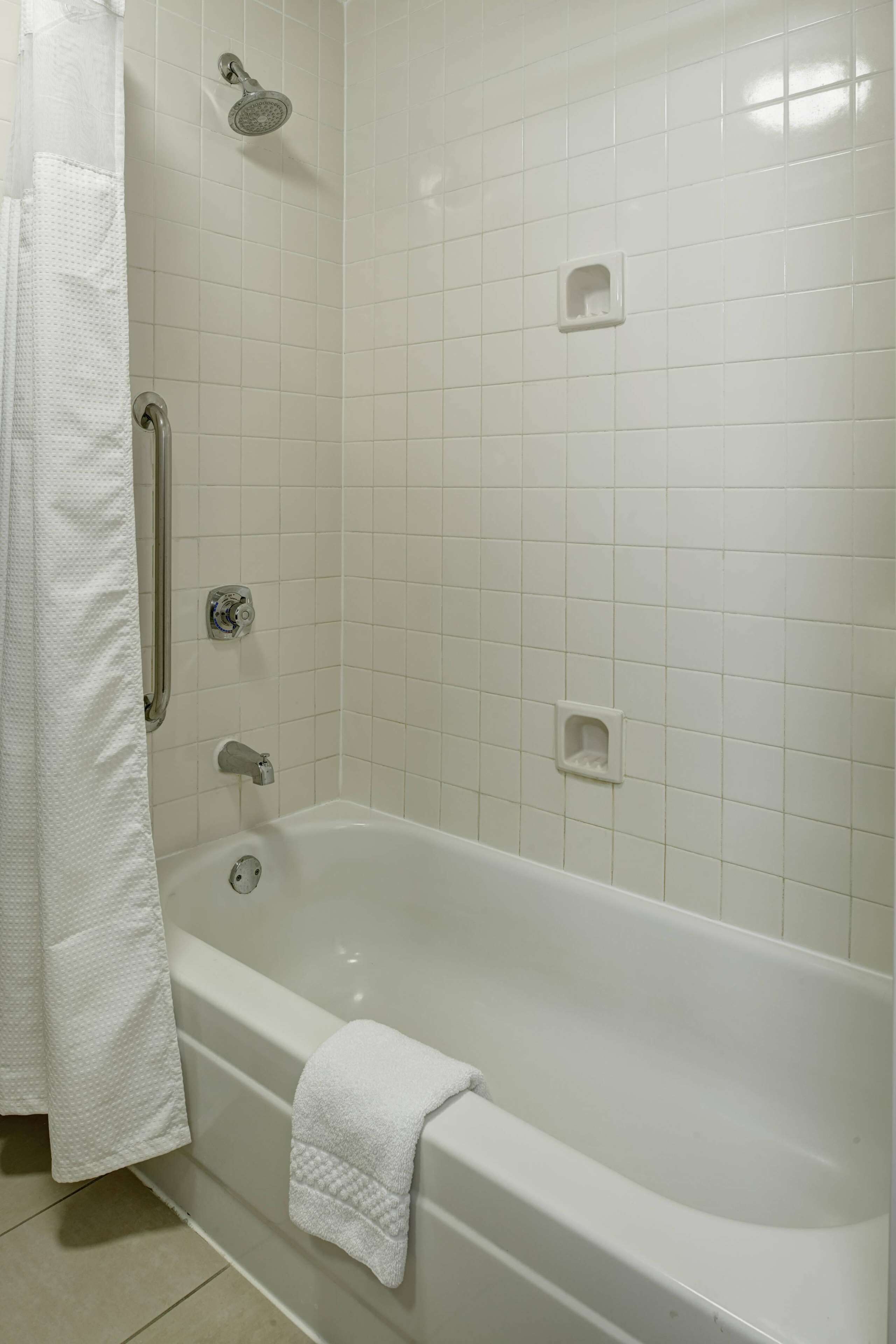 combined shower/bathtub, free toiletries, hair dryer, towels